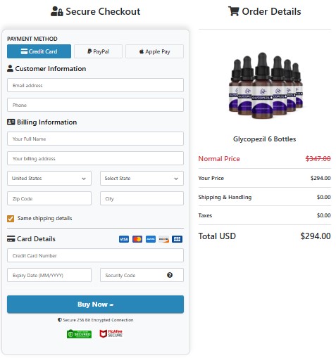 GlycoPezil secure checkout order page